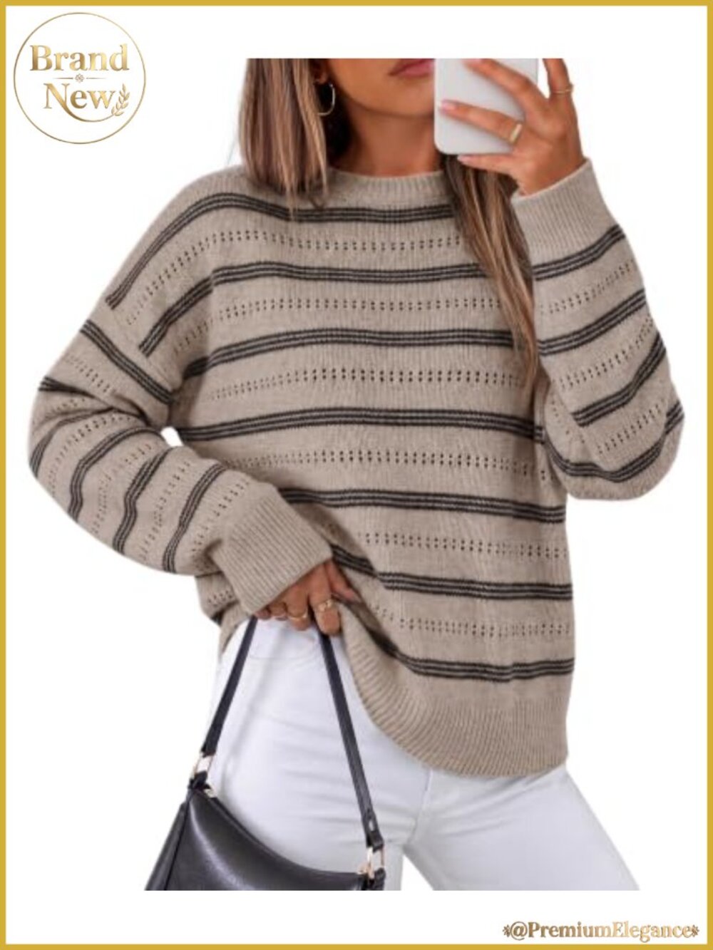 Long Sleeve Striped Pullover Sweater Casual Loose Fit Knit Crew Neck